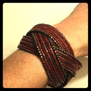 💋Beaded cuff braid bracelet red bronze stretch OS